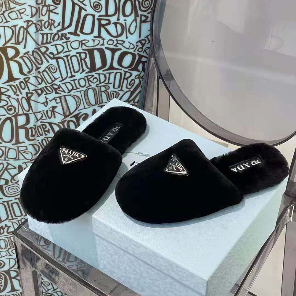 Prada Women Enameled Triangle Logo Accentuates Shearling Sabots