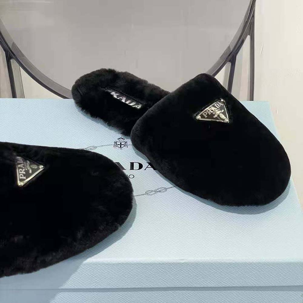 Prada Women Enameled Triangle Logo Accentuates Shearling Sabots