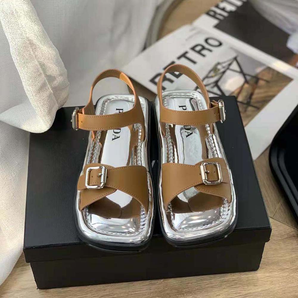 Prada Women Flat Rectangular Leather Sandals-Brown