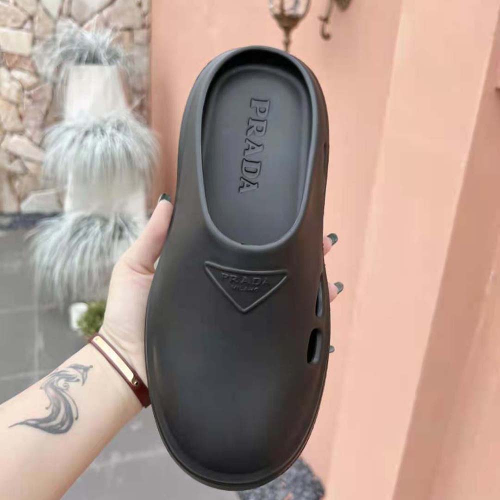 Prada Women Foam Rubber Mules With Embossed Rubber Triangle Logo-Black