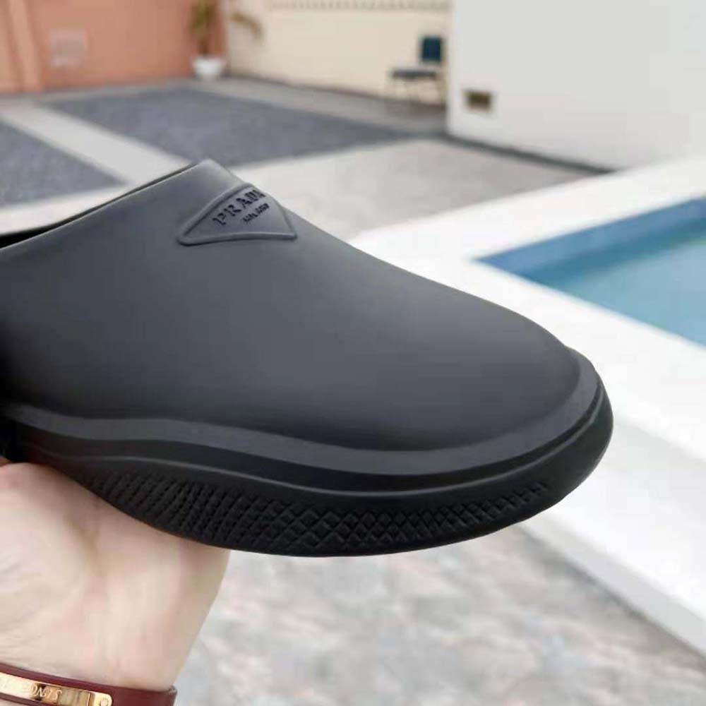 Prada Women Foam Rubber Mules With Embossed Rubber Triangle Logo-Black