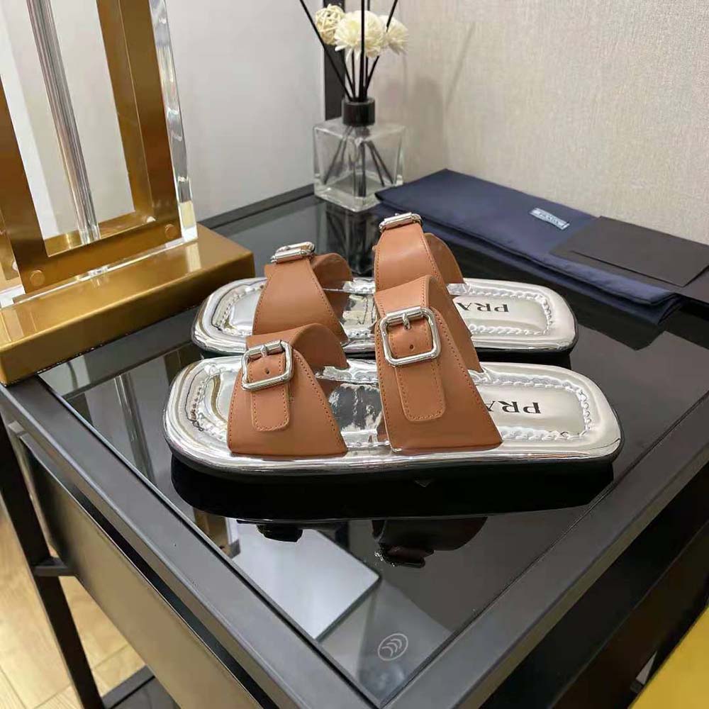 Prada Women Leather Sandals With Metal Buckle on the Upper-Brown