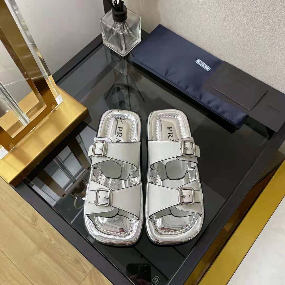 Prada Women Leather Sandals With Metal Buckle on the Upper-Silver