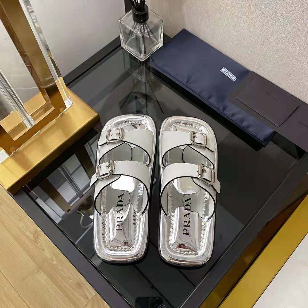 Prada Women Leather Sandals With Metal Buckle on the Upper-Silver