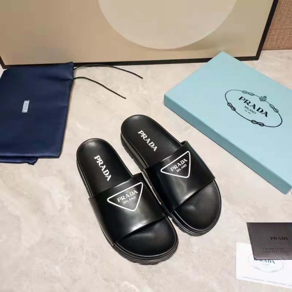 Prada Women Leather Slides in 20mm Heel-Black