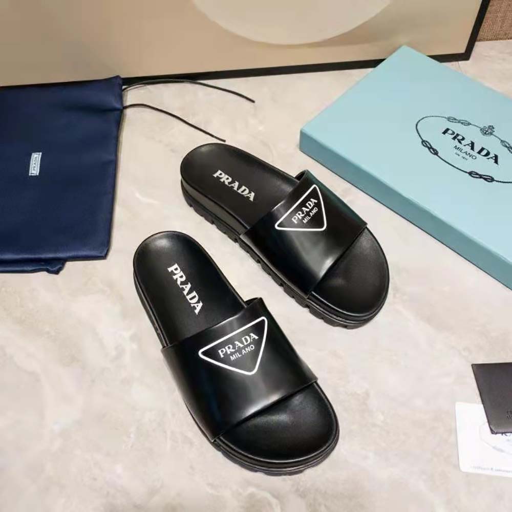 Prada Women Leather Slides in 20mm Heel-Black