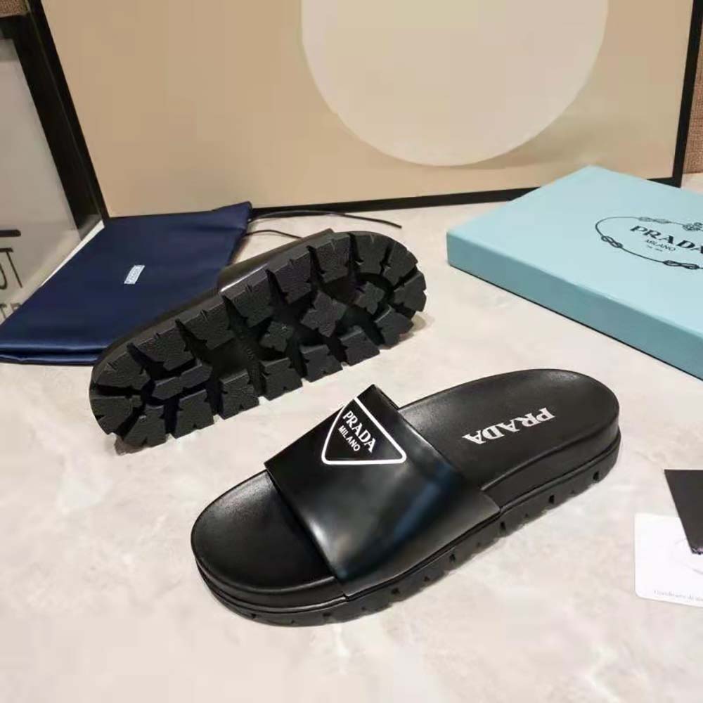 Prada Women Leather Slides in 20mm Heel-Black