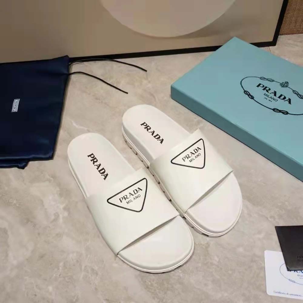 Prada Women Leather Slides in 20mm Heel-White