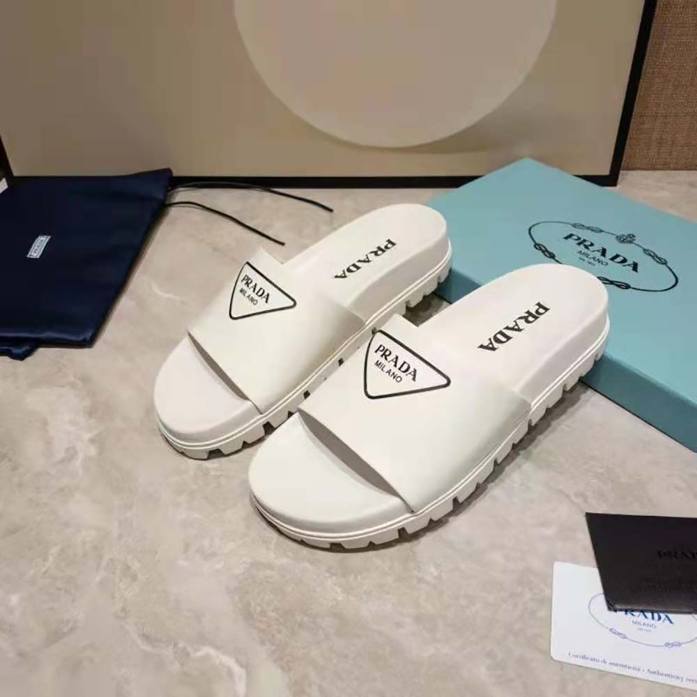 Prada Women Leather Slides in 20mm Heel-White