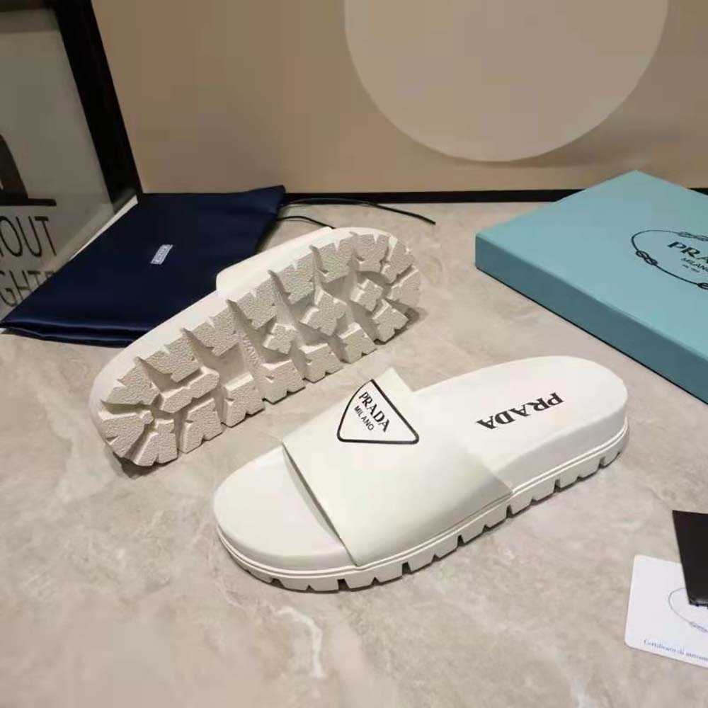 Prada Women Leather Slides in 20mm Heel-White