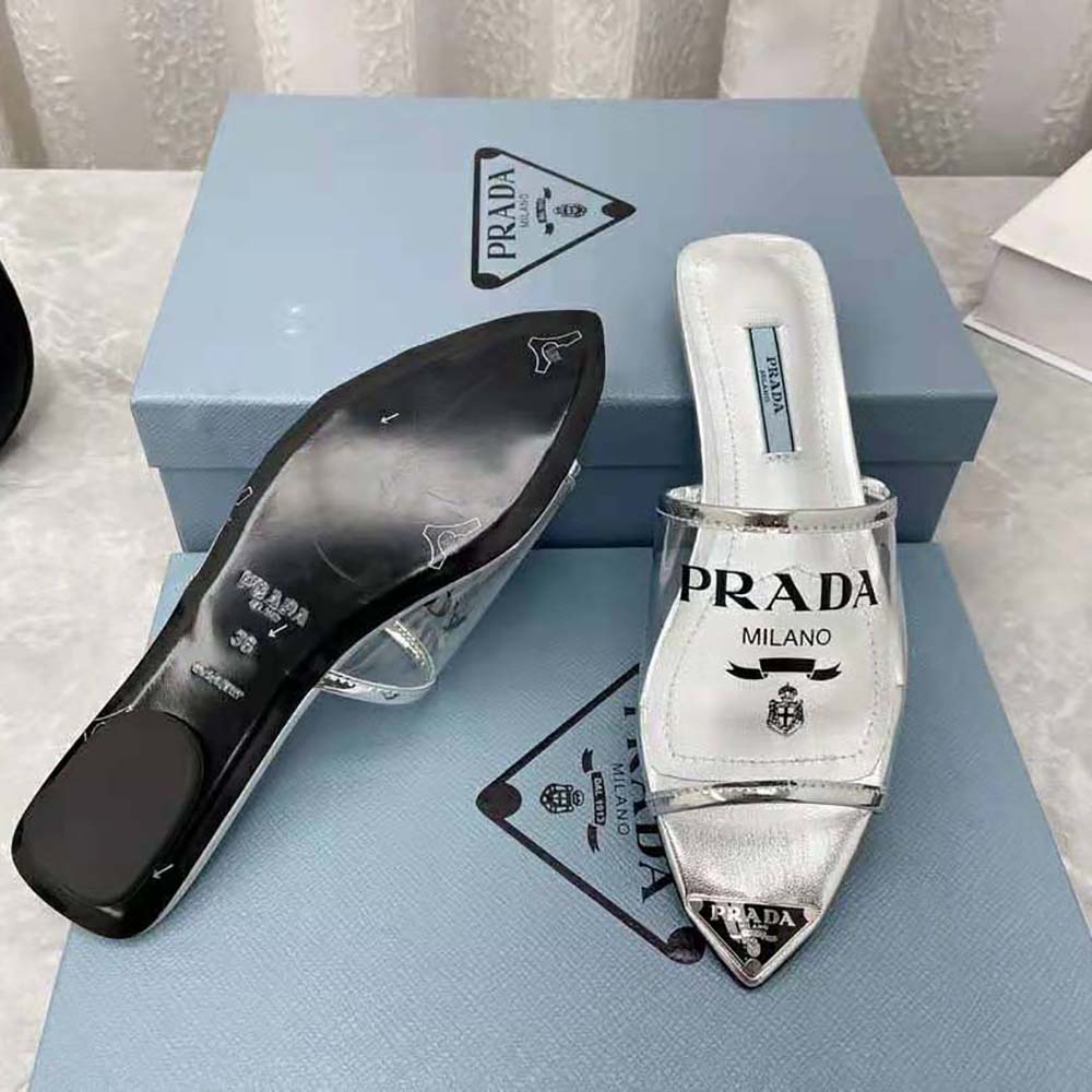 Prada Women Logo-Print Plexiglas Slides-Silver