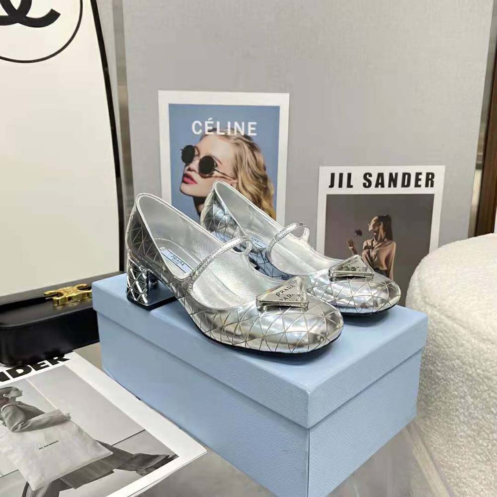 Prada Women Metallic Leather Pumps in 45mm Heel Height-Silver
