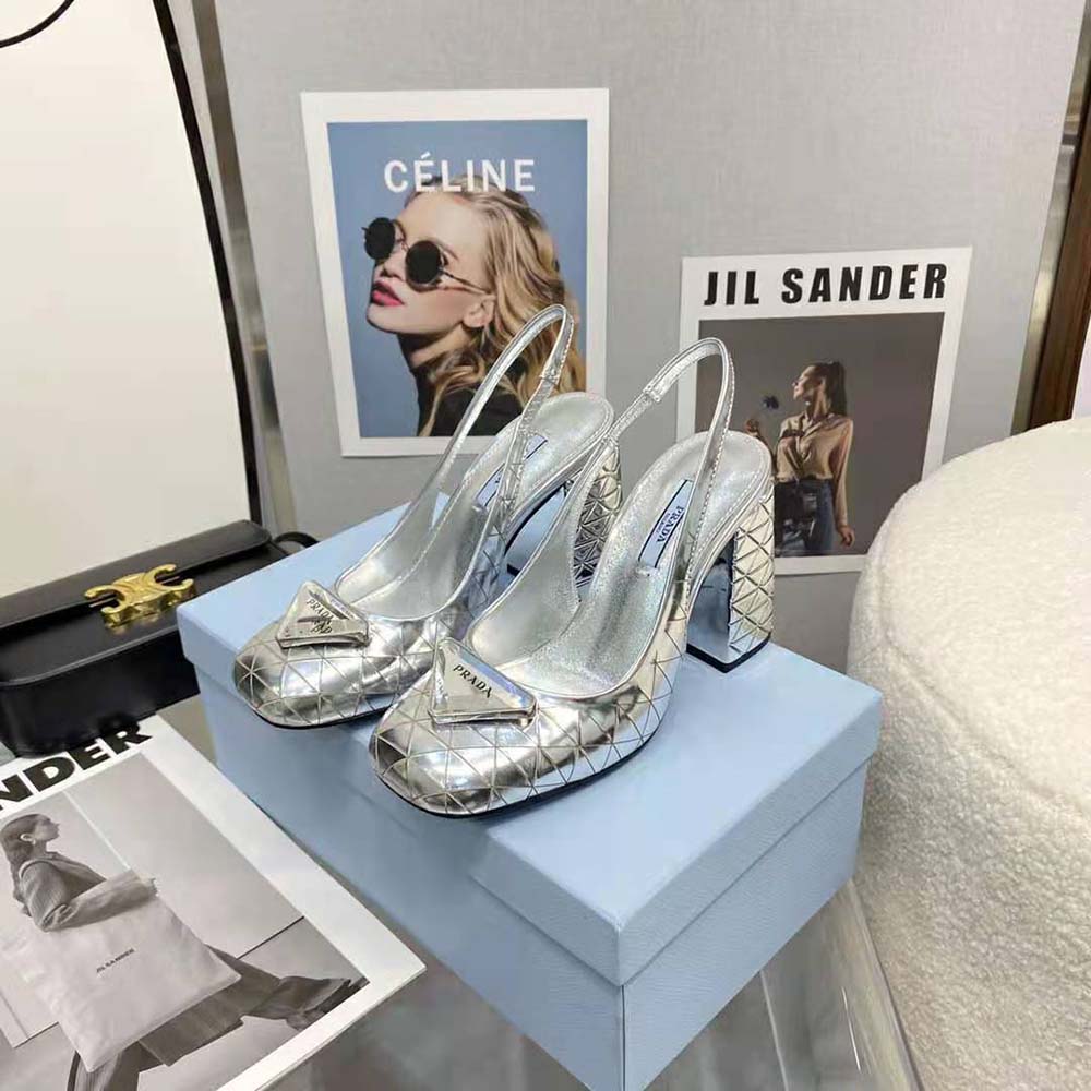 Prada Women Metallic Leather Slingback Pumps-Silver