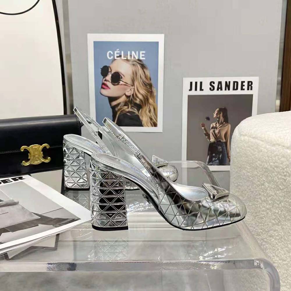 Prada Women Metallic Leather Slingback Pumps-Silver