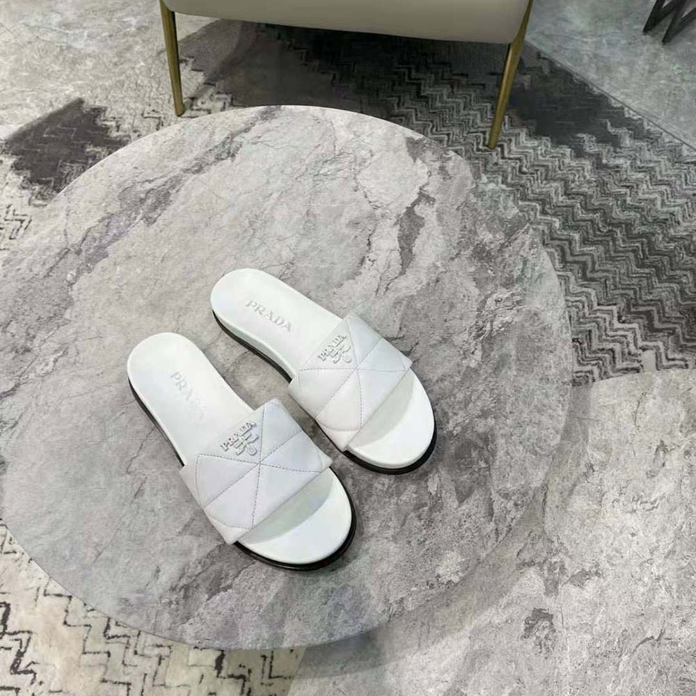 Prada Women Nappa Leather Slides in 20mm Heel-White