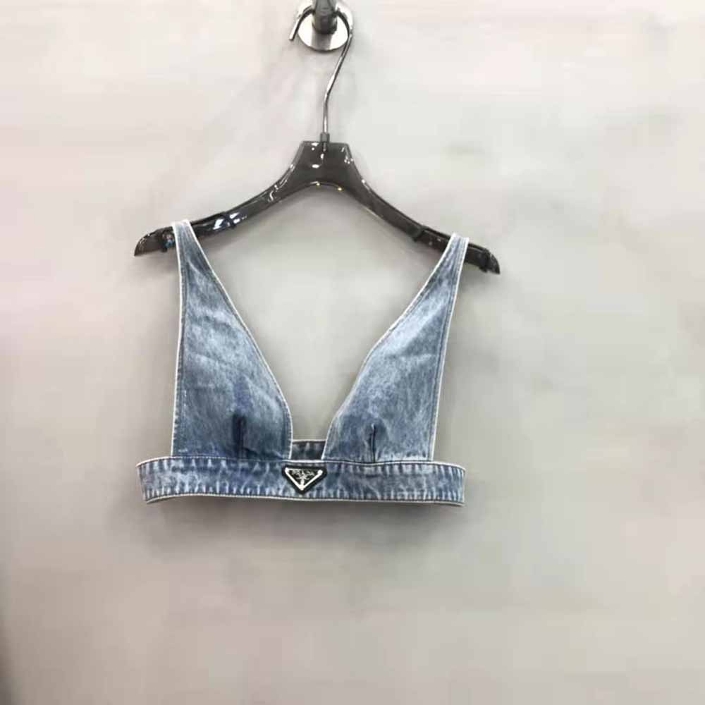 Prada Women Organic Denim Top with Plunging V Neck is Made of Washed Organic Denim-Blue