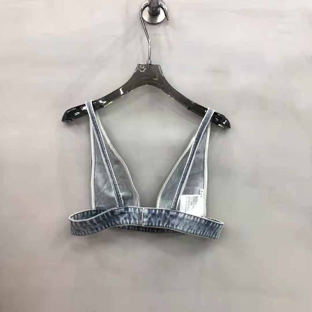 Prada Women Organic Denim Top with Plunging V Neck is Made of Washed Organic Denim-Blue