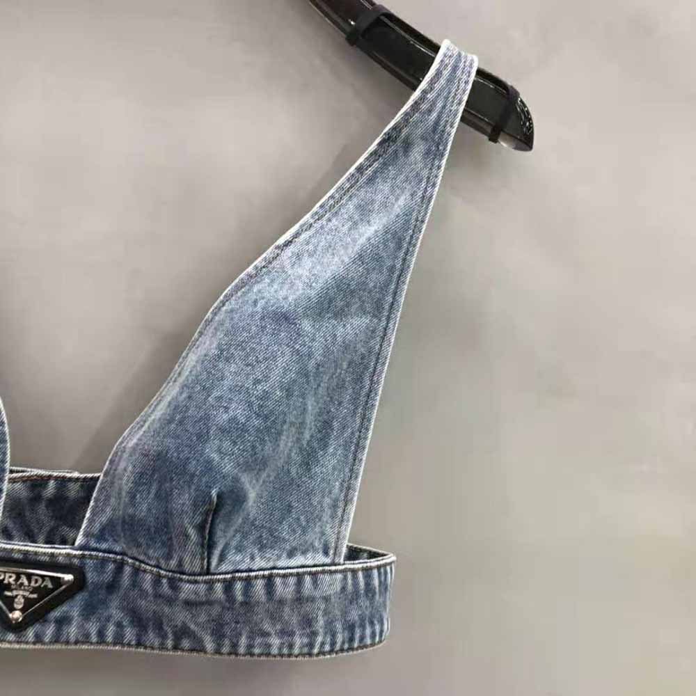 Prada Women Organic Denim Top with Plunging V Neck is Made of Washed Organic Denim-Blue