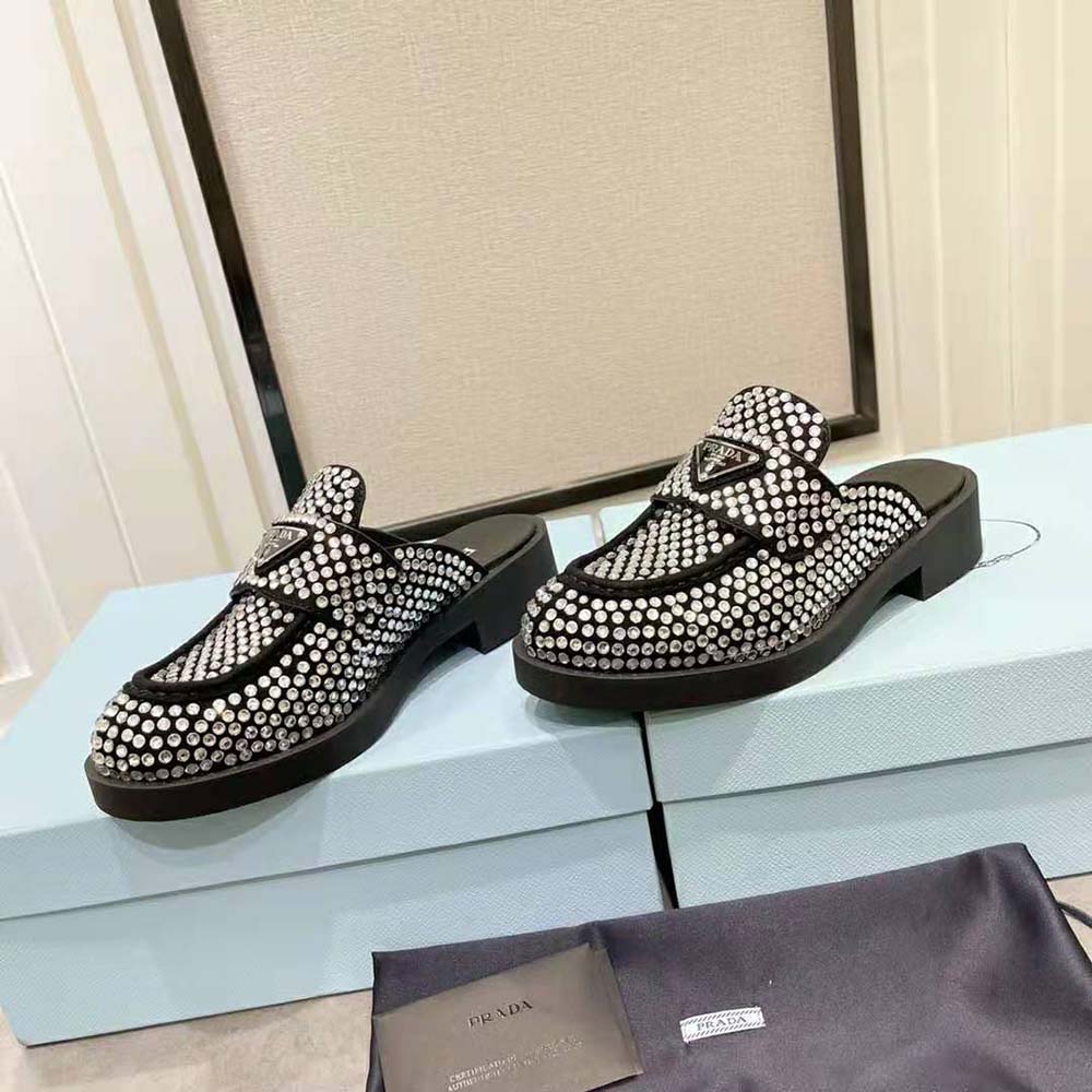 Prada Women Satin Mules with Crystals in 40mm Heel Height-Black