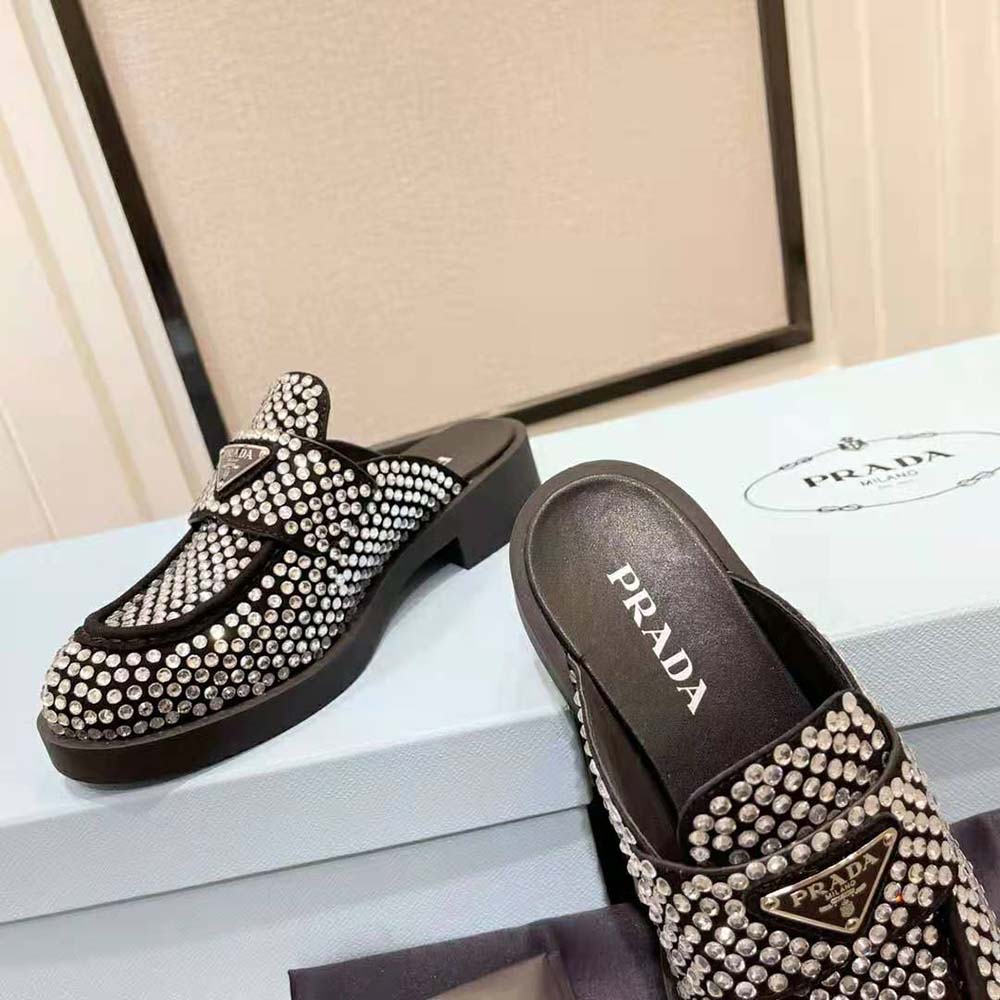 Prada Women Satin Mules with Crystals in 40mm Heel Height-Black
