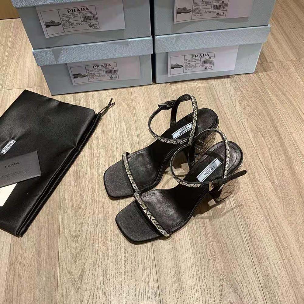 Prada Women Satin Sandals with Crystals in 90mm Heel Height-Black