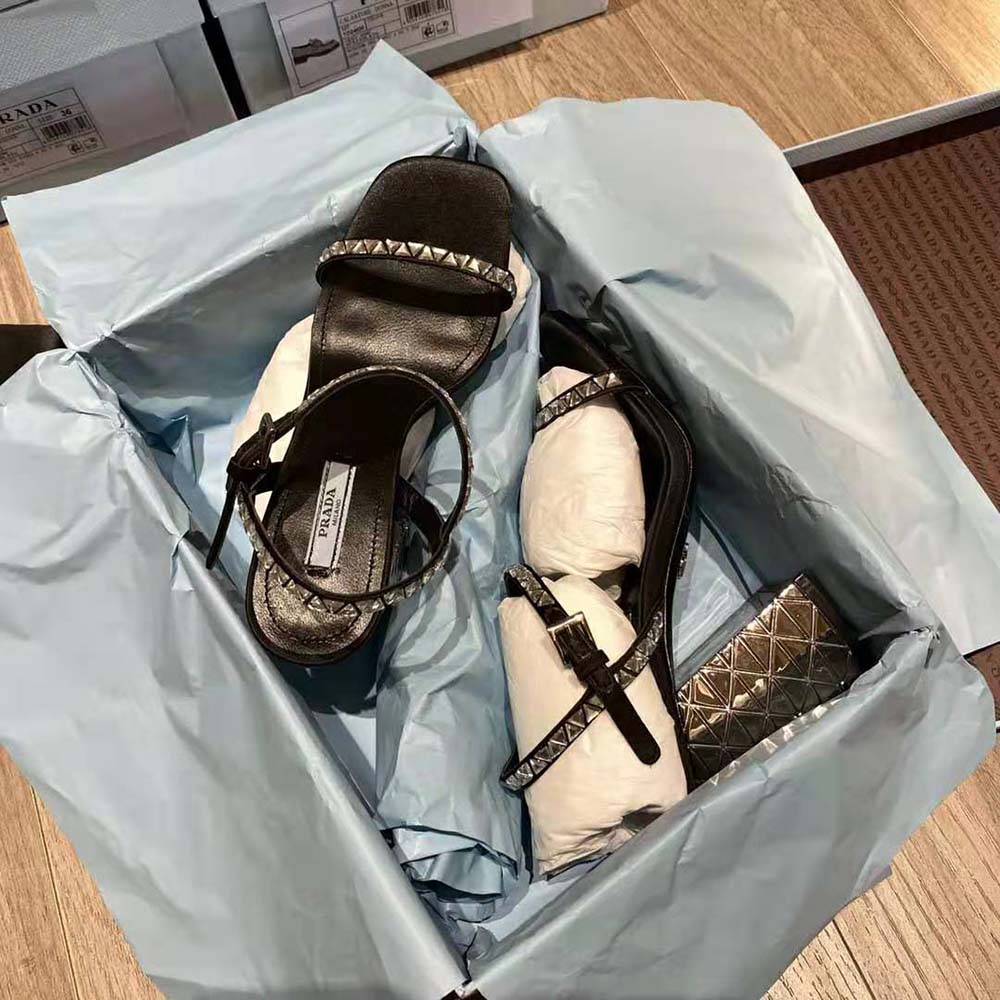 Prada Women Satin Sandals with Crystals in 90mm Heel Height-Black