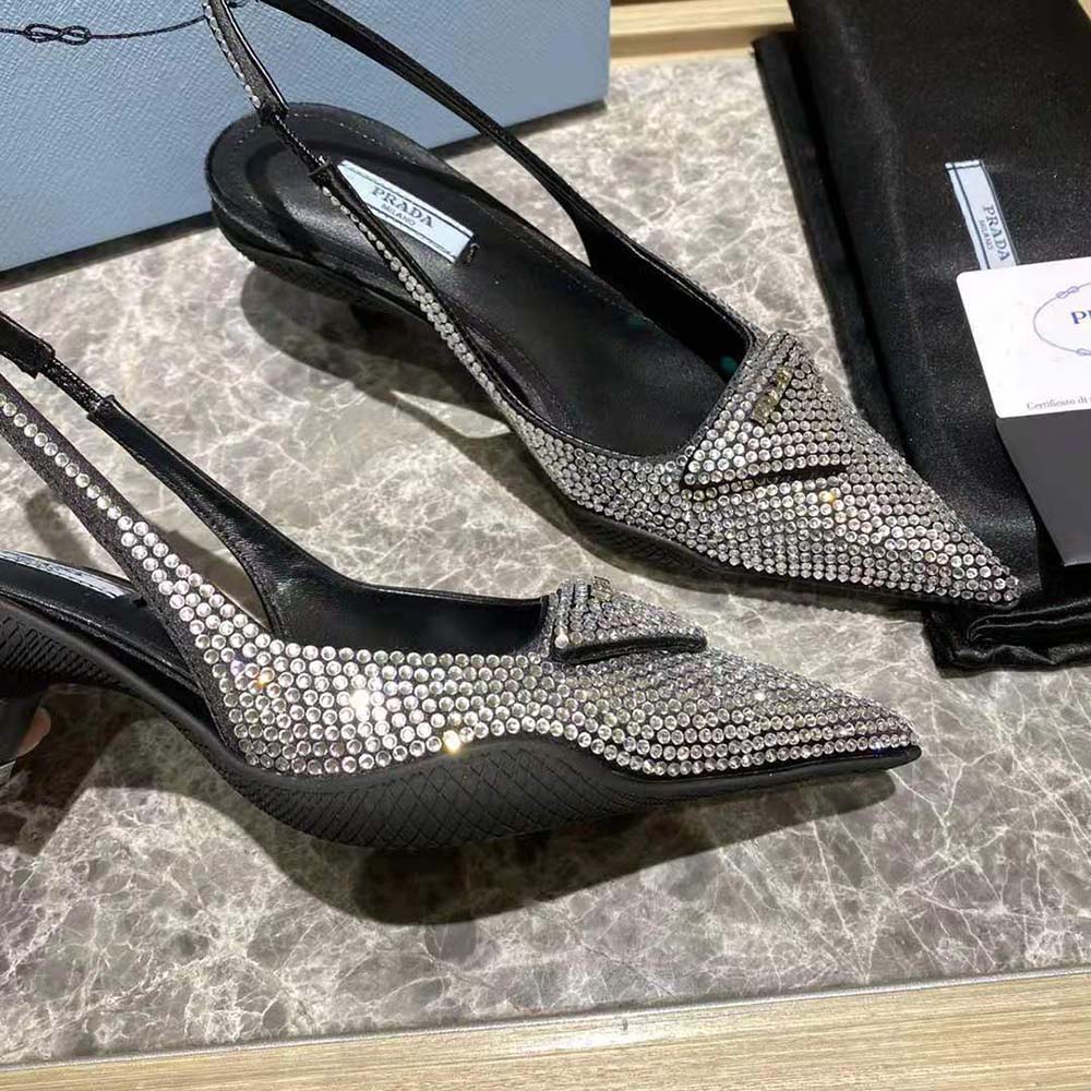 Prada Women Satin Sling-Back Pumps with Crystals-Black