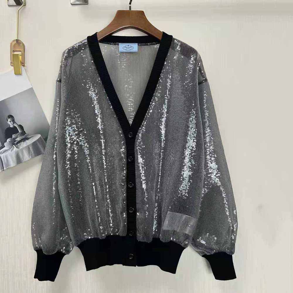 Prada Women Sequin-Embroidered Tulle Cardigan-Black