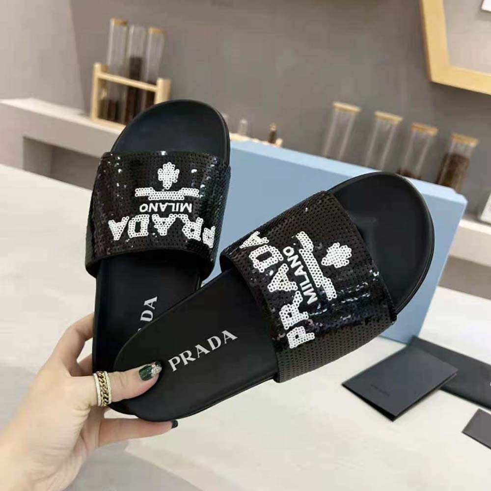 Prada Women Sequin Slides with Rubber Lug Sole are Covered All Over with Embroidered Sequins