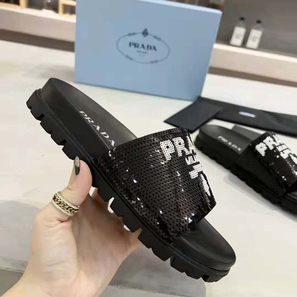 Prada Women Sequin Slides with Rubber Lug Sole are Covered All Over with Embroidered Sequins
