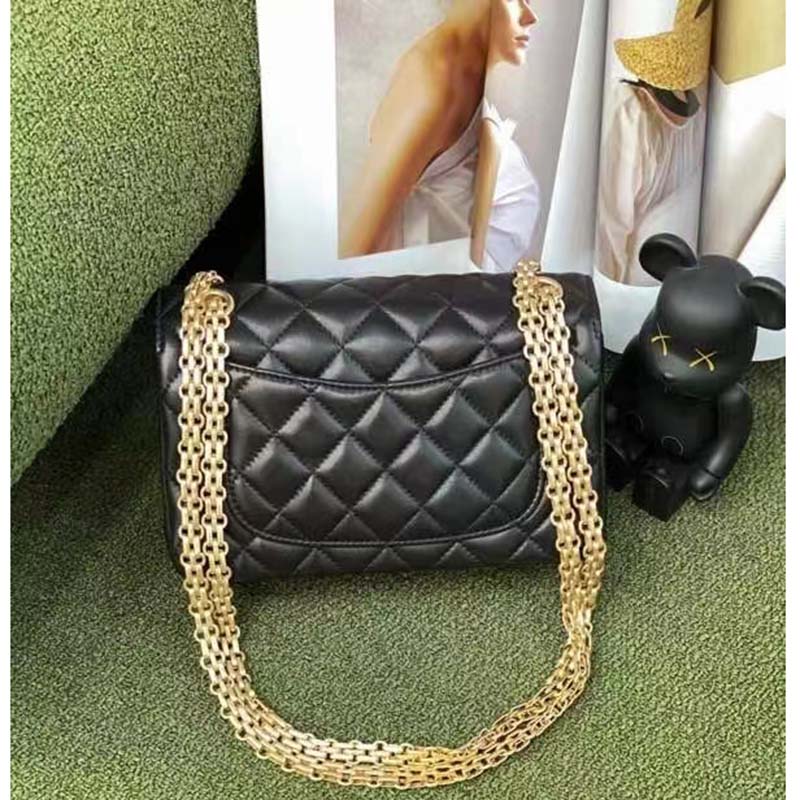 Chanel Women CC 2.55 Handbag Calfskin Strass Glass Pearls Gold Silver Tone Black