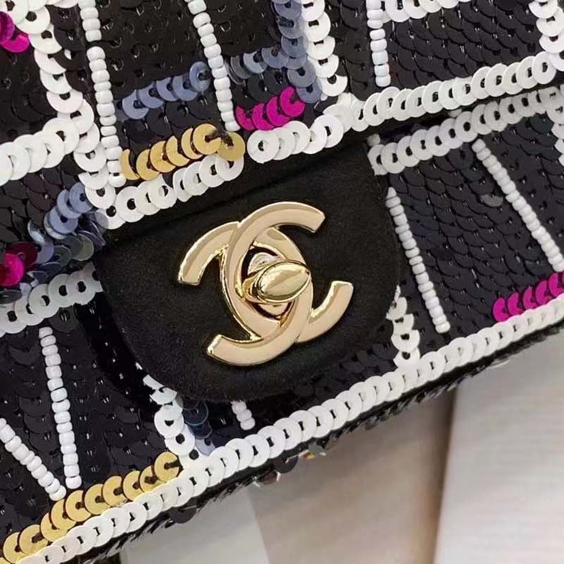 Chanel Women CC Classic Handbag Embroidered Satin Sequins Gold-Tone Metal