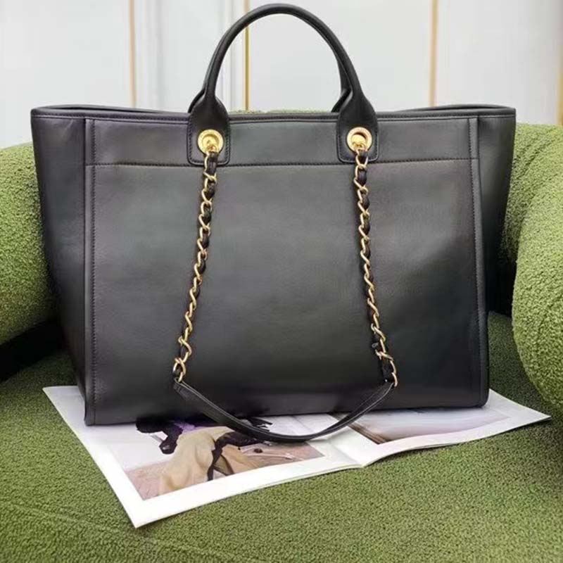 Chanel Women CC Large Shopping Bag Calfskin Aged Gold-Tone Metal Black