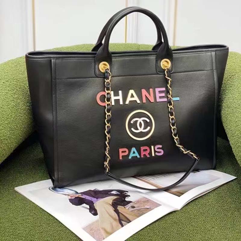 Chanel Women CC Large Shopping Bag Calfskin Aged Gold-Tone Metal Black