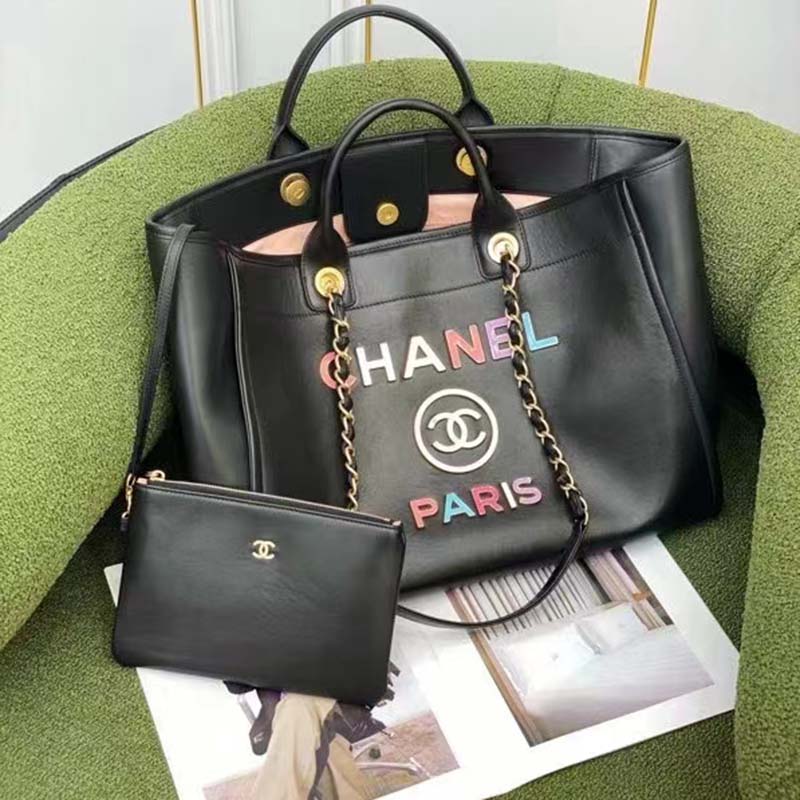 Chanel Women CC Large Shopping Bag Calfskin Aged Gold-Tone Metal Black