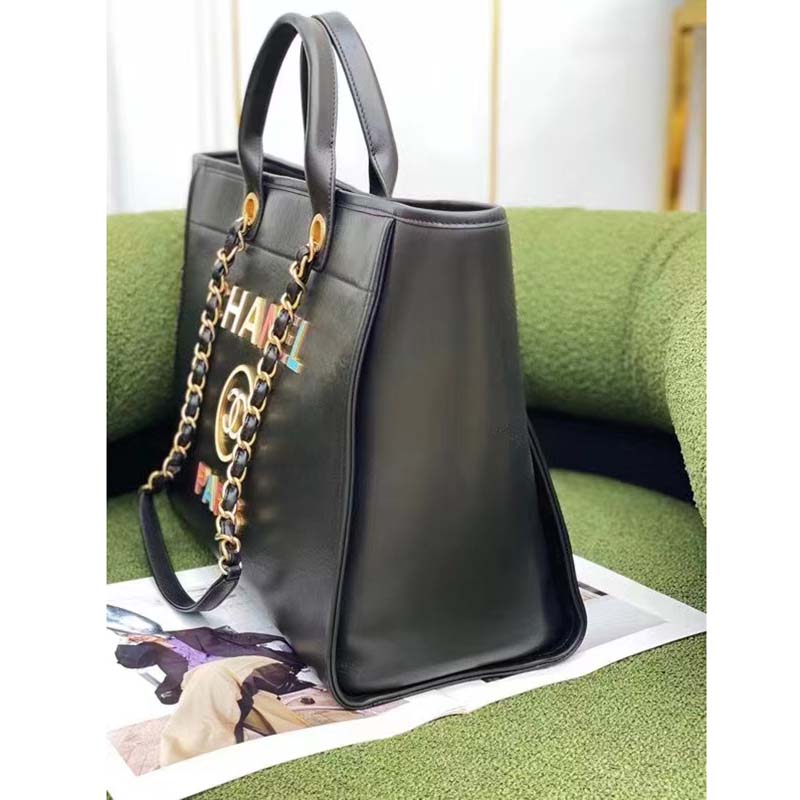 Chanel Women CC Large Shopping Bag Calfskin Aged Gold-Tone Metal Black