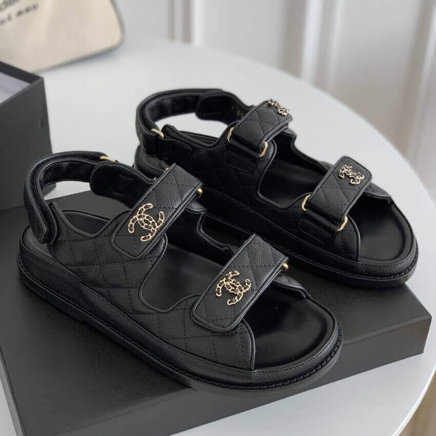 Chanel Women Open Toe Sandal in Calfskin Leather-Black