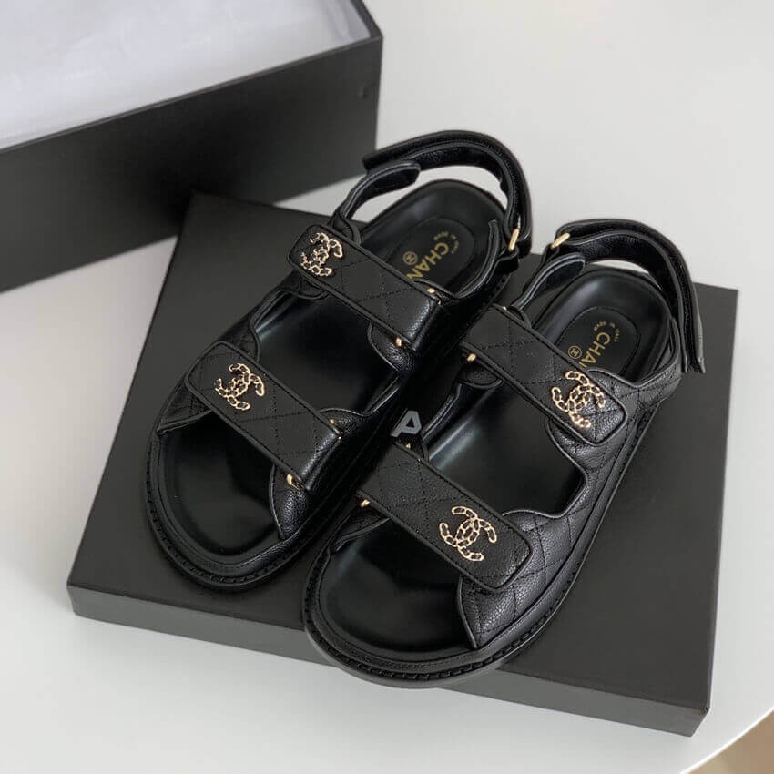 Chanel Women Open Toe Sandal in Calfskin Leather-Black