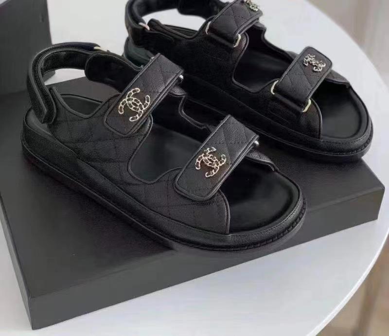 Chanel Women Open Toe Sandal in Calfskin Leather-Black
