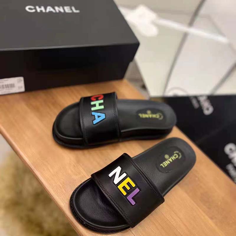 Chanel Women Sandal Black Calfskin Leather Colorful CHA NEL Logos