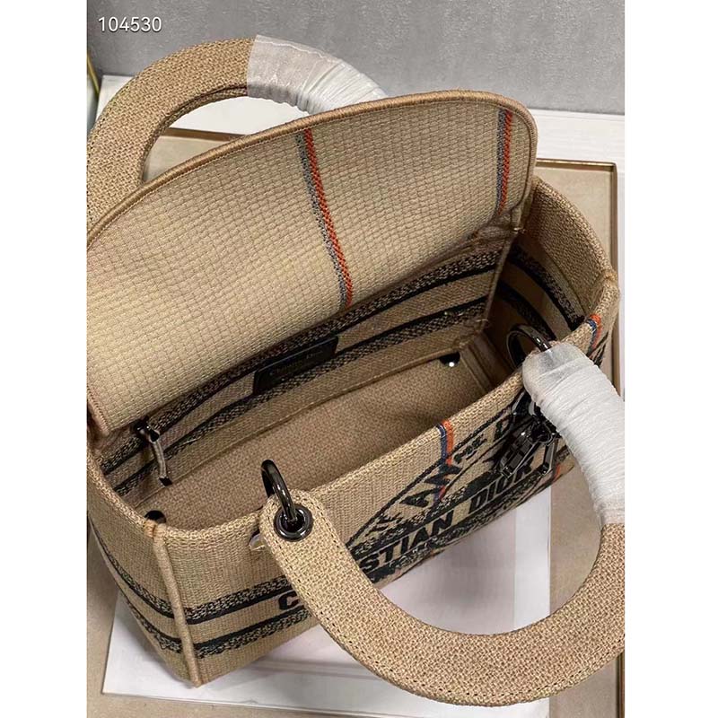Dior Unisex CD Medium Lady D-Lite Bag Beige Jute Canvas Embroidered Dior Union Motif