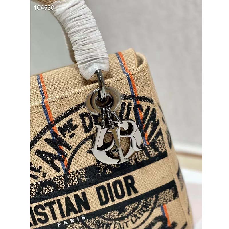 Dior Unisex CD Medium Lady D-Lite Bag Beige Jute Canvas Embroidered Dior Union Motif
