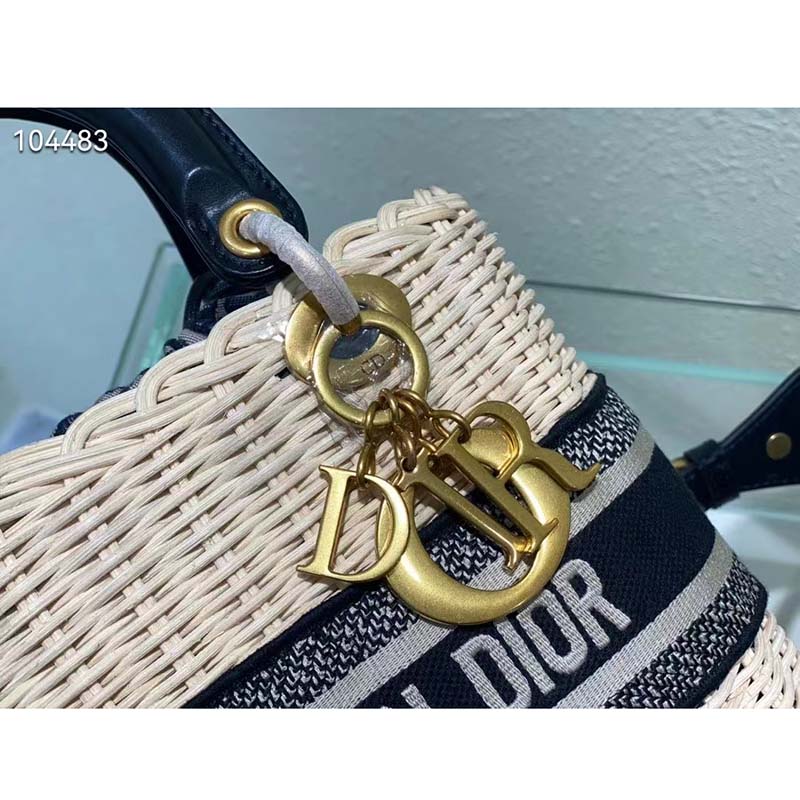 Dior Unisex CD Mini Lady Dior Bag Natural Wicker Blue Dior Oblique Jacquard