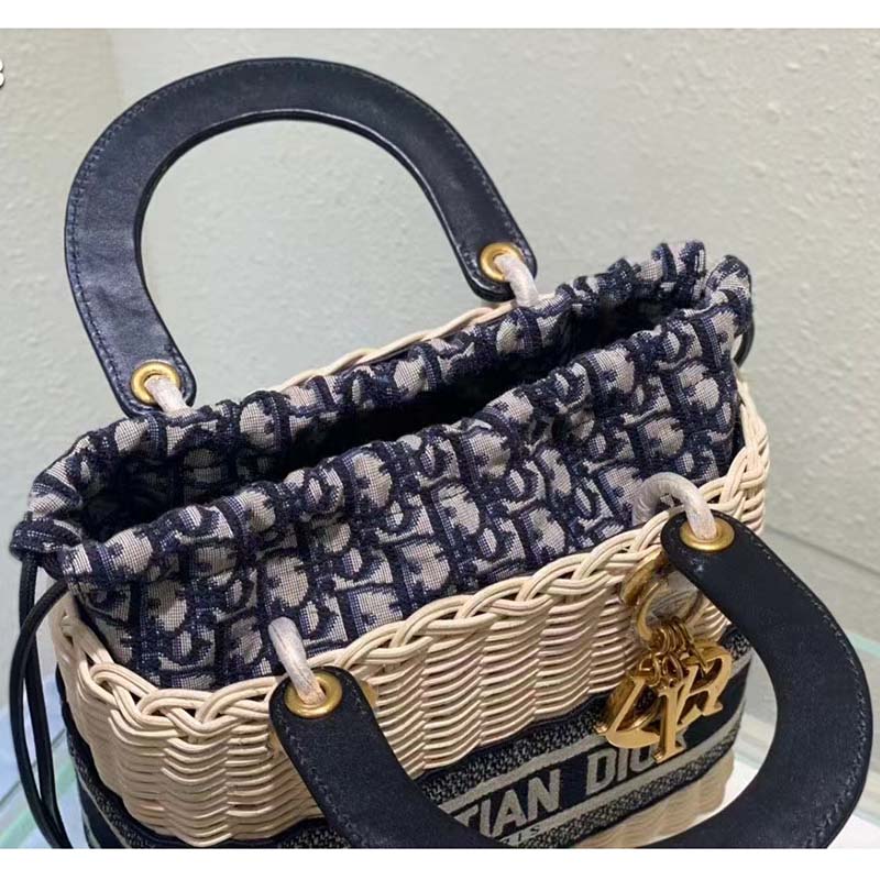 Dior Unisex CD Mini Lady Dior Bag Natural Wicker Blue Dior Oblique Jacquard