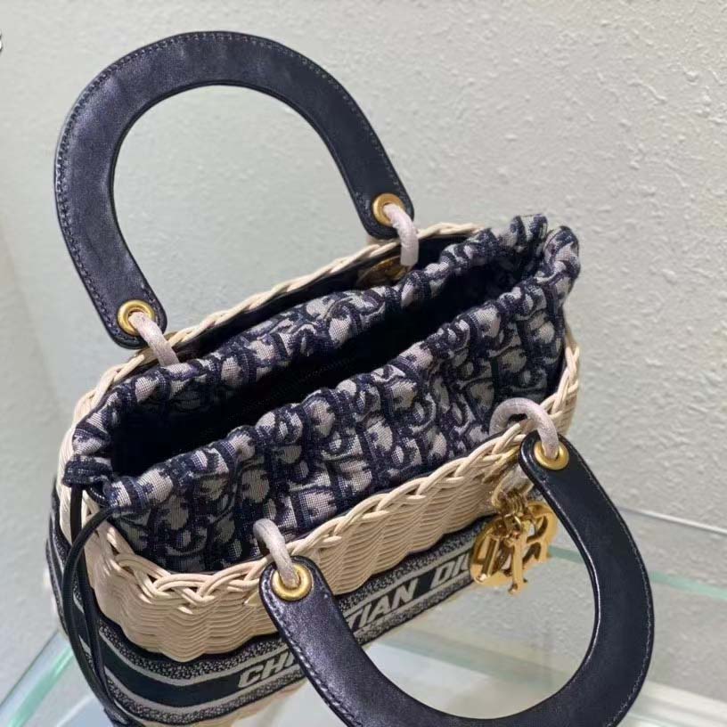 Dior Unisex CD Mini Lady Dior Bag Natural Wicker Blue Dior Oblique Jacquard