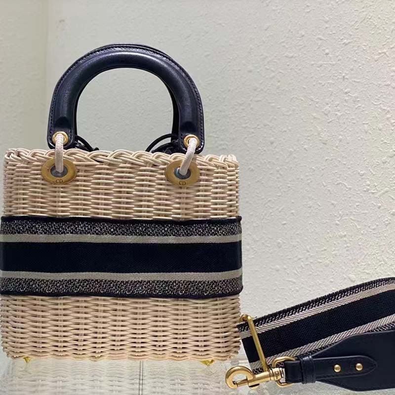 Dior Unisex CD Mini Lady Dior Bag Natural Wicker Blue Dior Oblique Jacquard