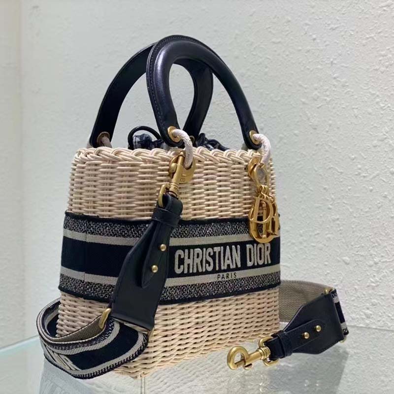Dior Unisex CD Mini Lady Dior Bag Natural Wicker Blue Dior Oblique Jacquard