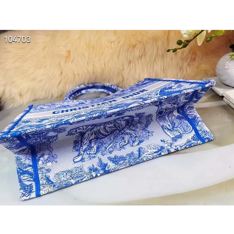 Dior Unisex CD Medium Book Tote Fluorescent Blue Toile De Jouy Reverse Embroidery