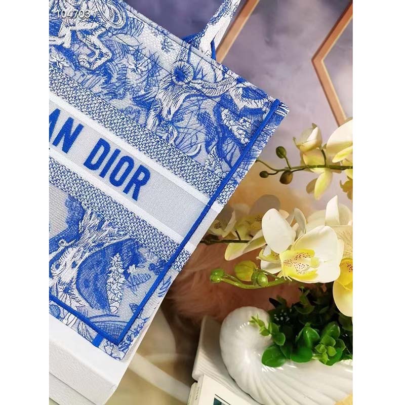 Dior Unisex CD Medium Book Tote Fluorescent Blue Toile De Jouy Reverse Embroidery