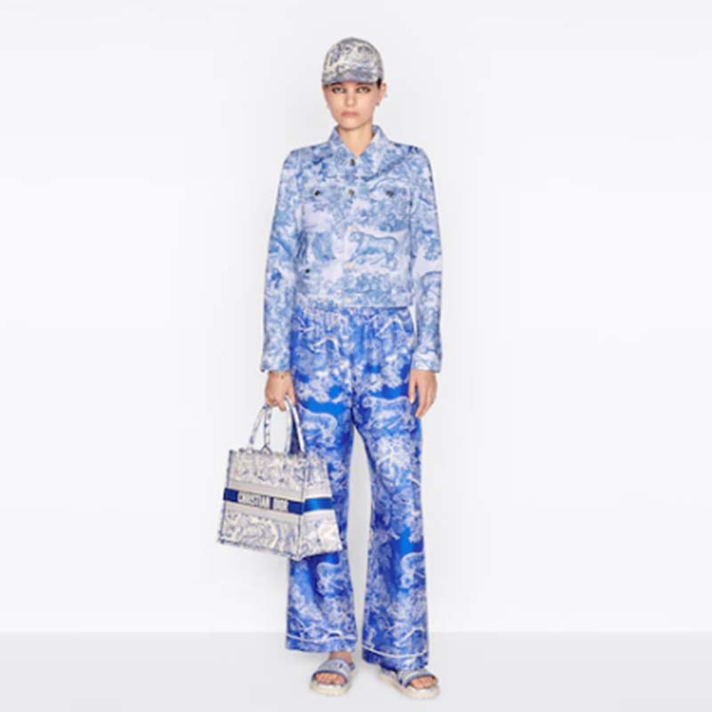 Dior Unisex CD Medium Book Tote Fluorescent Blue Toile De Jouy Reverse Embroidery
